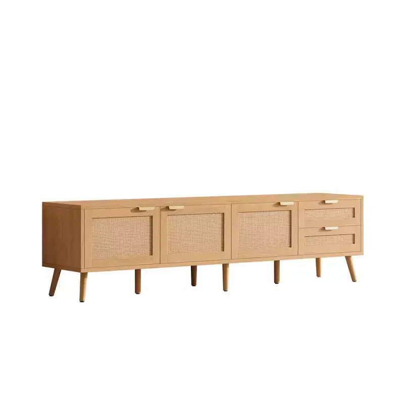 Meuble TV pour téléviseurs jusqu'à 80 pouces, meuble console média en rotin avec 2 tiroirs, trous passe-câbles et pieds en bois massif, naturel