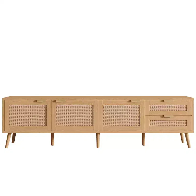Meuble TV pour téléviseurs jusqu'à 80 pouces, meuble console média en rotin avec 2 tiroirs, trous passe-câbles et pieds en bois massif, naturel