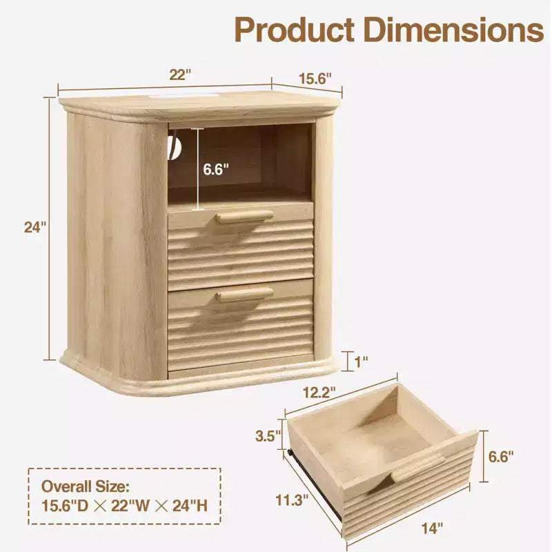 Table de chevet cannelée avec station de recharge, Table de nuit moderne avec 2 tiroirs et étagère ouverte, Table d'appoint pour salon, chambre à coucher, bureau à domicile