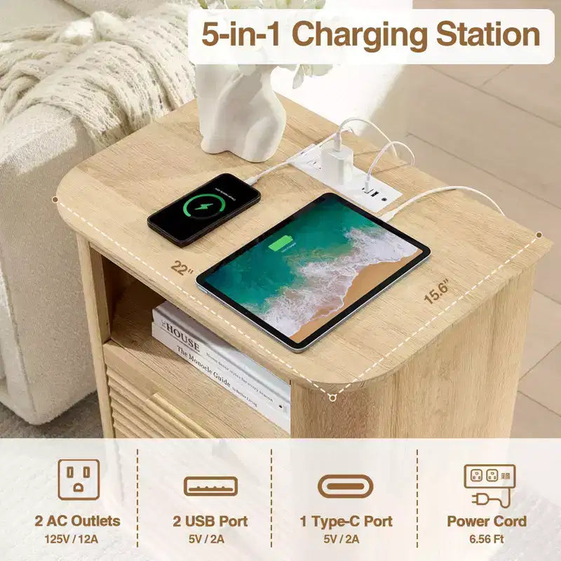 Table de chevet cannelée avec station de recharge, Table de nuit moderne avec 2 tiroirs et étagère ouverte, Table d'appoint pour salon, chambre à coucher, bureau à domicile