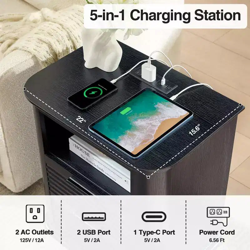 Table de chevet cannelée avec station de recharge, Table de nuit moderne avec 2 tiroirs et étagère ouverte, Table d'appoint pour salon, chambre à coucher, bureau à domicile