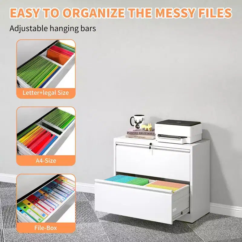 Classeur latéral 2 tiroirs 35H avec serrure, meuble de rangement métallique verrouillable pour bureau à domicile, adapté aux formats Legal/Letter/A4/F4 (Blanc)