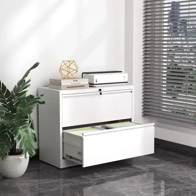 Classeur latéral 2 tiroirs 35H avec serrure, meuble de rangement métallique verrouillable pour bureau à domicile, adapté aux formats Legal/Letter/A4/F4 (Blanc)