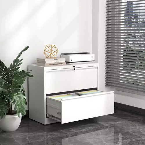 Classeur latéral 2 tiroirs 35H avec serrure, meuble de rangement métallique verrouillable pour bureau à domicile, adapté aux formats Legal/Letter/A4/F4 (Blanc)