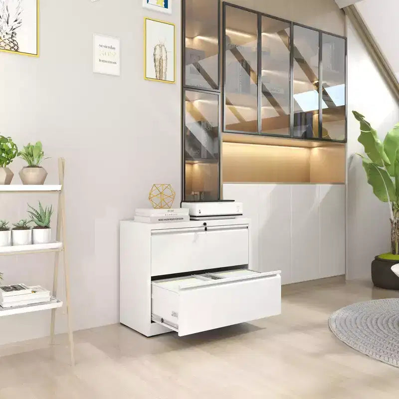 Classeur latéral 2 tiroirs 35H avec serrure, meuble de rangement métallique verrouillable pour bureau à domicile, adapté aux formats Legal/Letter/A4/F4 (Blanc)
