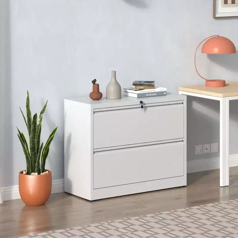 Classeur latéral 2 tiroirs 35H avec serrure, meuble de rangement métallique verrouillable pour bureau à domicile, adapté aux formats Legal/Letter/A4/F4 (Blanc)