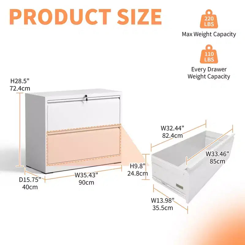 Classeur latéral 2 tiroirs 35H avec serrure, meuble de rangement métallique verrouillable pour bureau à domicile, adapté aux formats Legal/Letter/A4/F4 (Blanc)