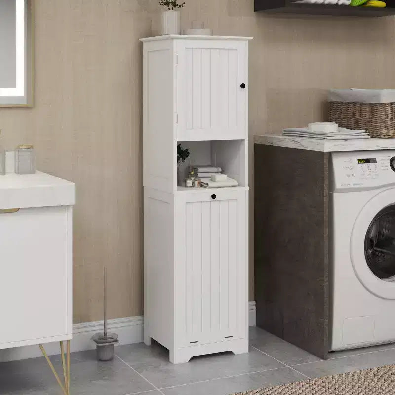 Tilt Out Laundry Hamper Cabinet, Hidden Laundry Hamper Cabinet with Compartment and Tilt Out Bottom Shelf, Tall Bathroom Storage Organizer White