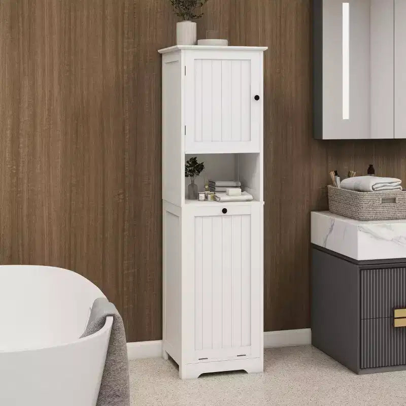 Tilt Out Laundry Hamper Cabinet, Hidden Laundry Hamper Cabinet with Compartment and Tilt Out Bottom Shelf, Tall Bathroom Storage Organizer White