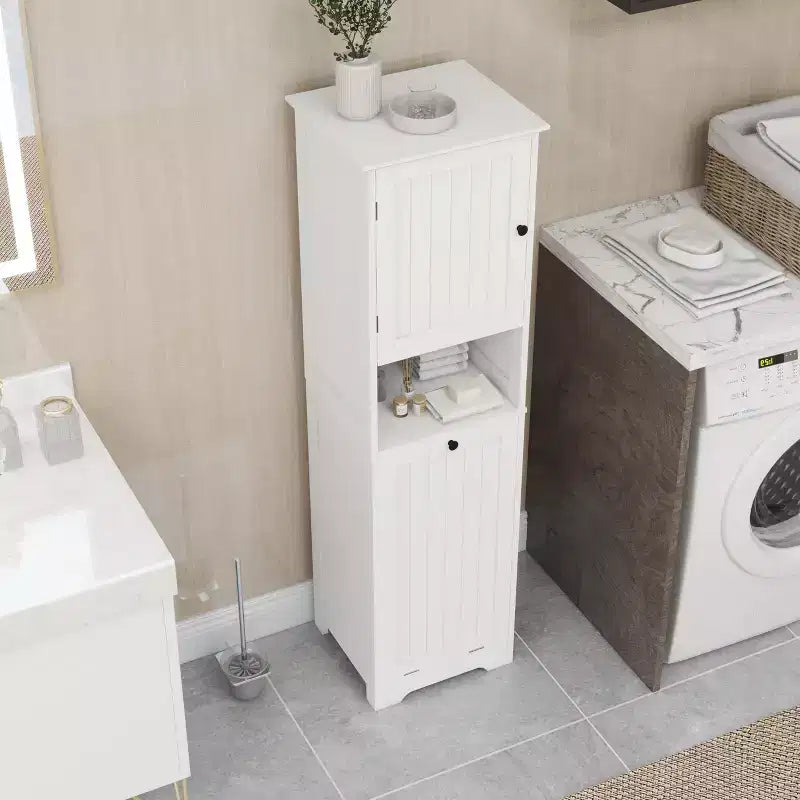 Tilt Out Laundry Hamper Cabinet, Hidden Laundry Hamper Cabinet with Compartment and Tilt Out Bottom Shelf, Tall Bathroom Storage Organizer White