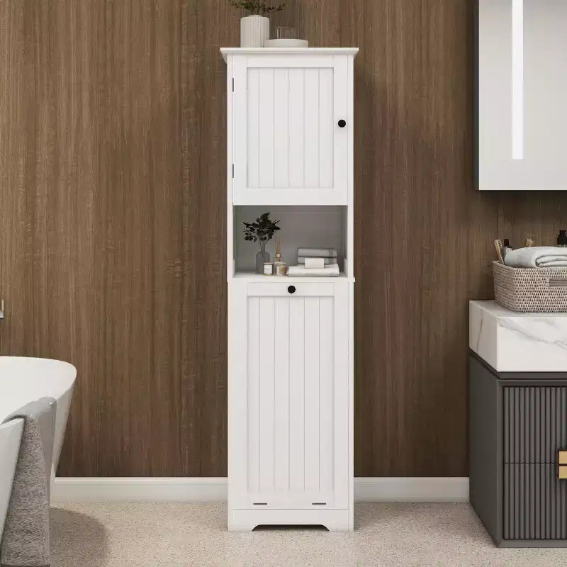 Tilt Out Laundry Hamper Cabinet, Hidden Laundry Hamper Cabinet with Compartment and Tilt Out Bottom Shelf, Tall Bathroom Storage Organizer White