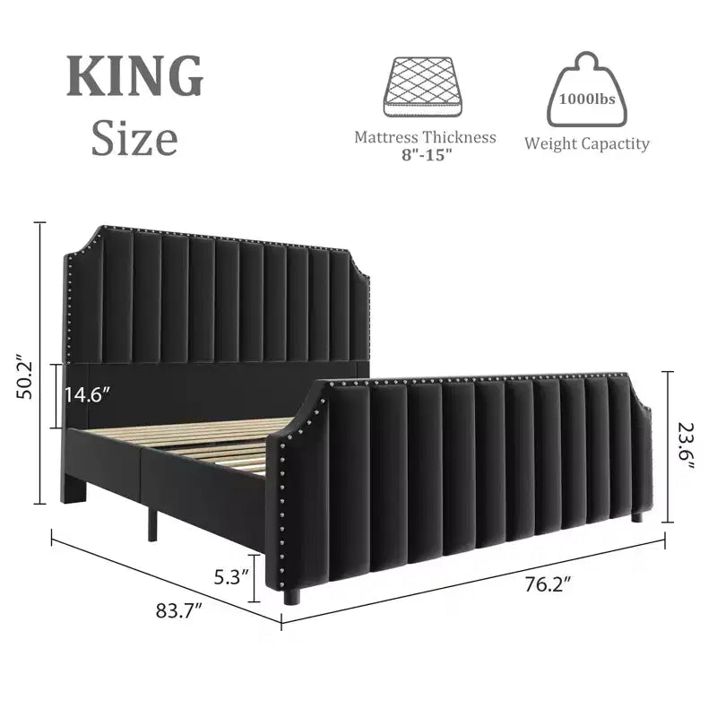 Cadre de lit King Size avec tête de lit en velours, décor de rivets, lattes en bois solides, pas besoin de sommier tapissier, assemblage facile