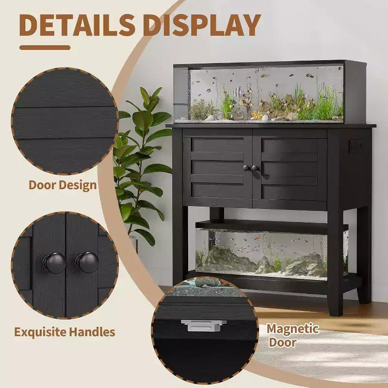 Meuble de support pour aquarium double de 110 litres avec multiprise, meuble noir avec portes magnétiques pour rangement de salon