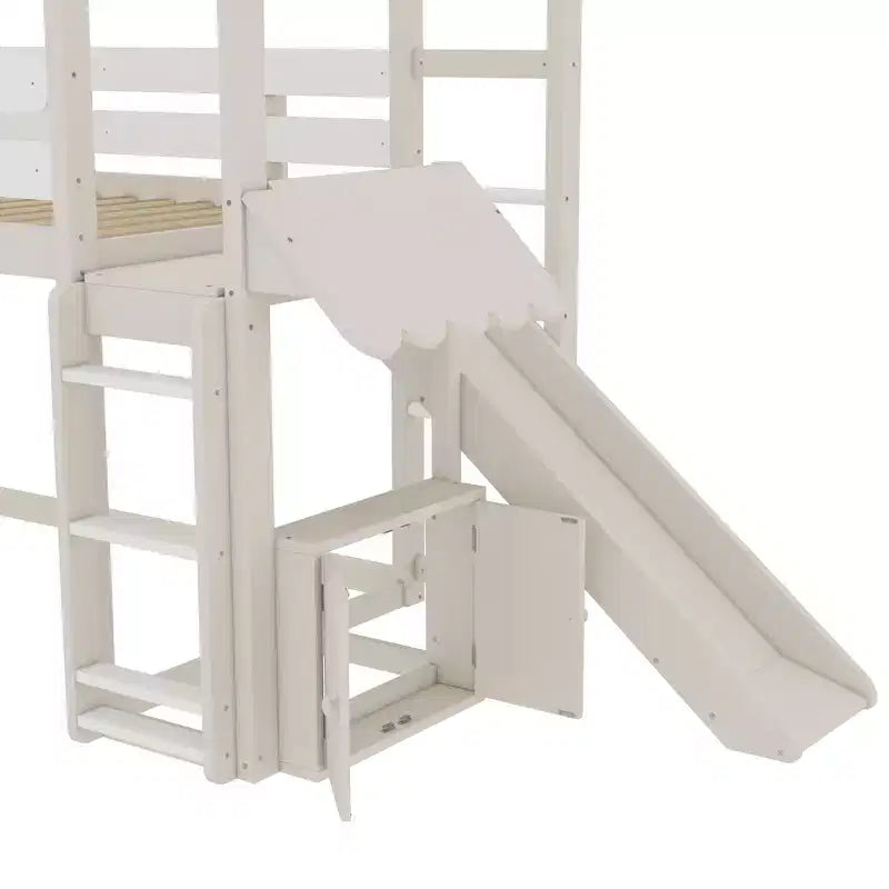 Lit mezzanine cabane avec étagère et toboggan, Cadre de lit mezzanine cabane en bois massif avec barrières de sécurité et design ludique pour enfants