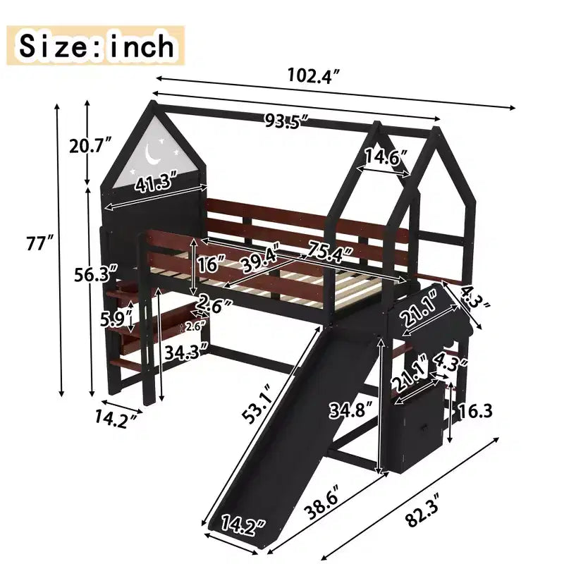 Lit mezzanine cabane avec étagère et toboggan, Cadre de lit mezzanine cabane en bois massif avec barrières de sécurité et design ludique pour enfants