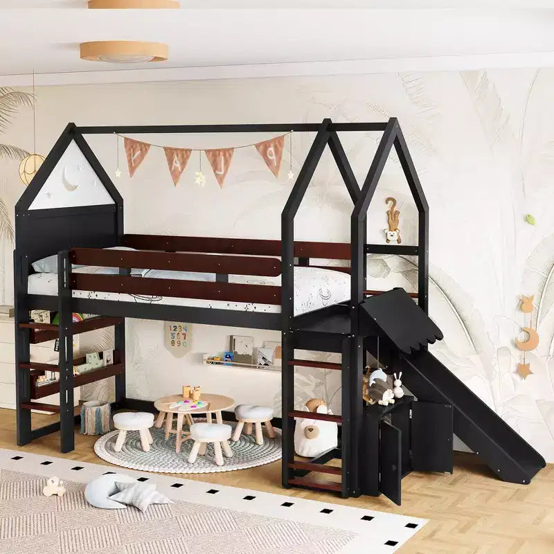 Lit mezzanine cabane avec étagère et toboggan, Cadre de lit mezzanine cabane en bois massif avec barrières de sécurité et design ludique pour enfants