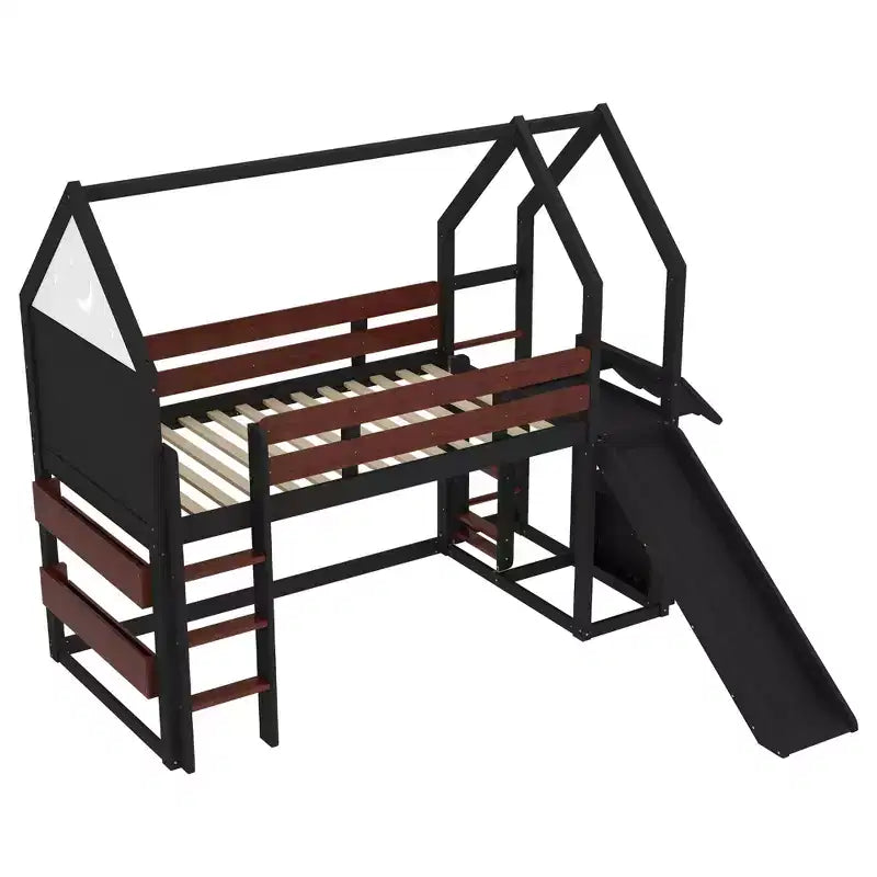 Lit mezzanine cabane avec étagère et toboggan, Cadre de lit mezzanine cabane en bois massif avec barrières de sécurité et design ludique pour enfants