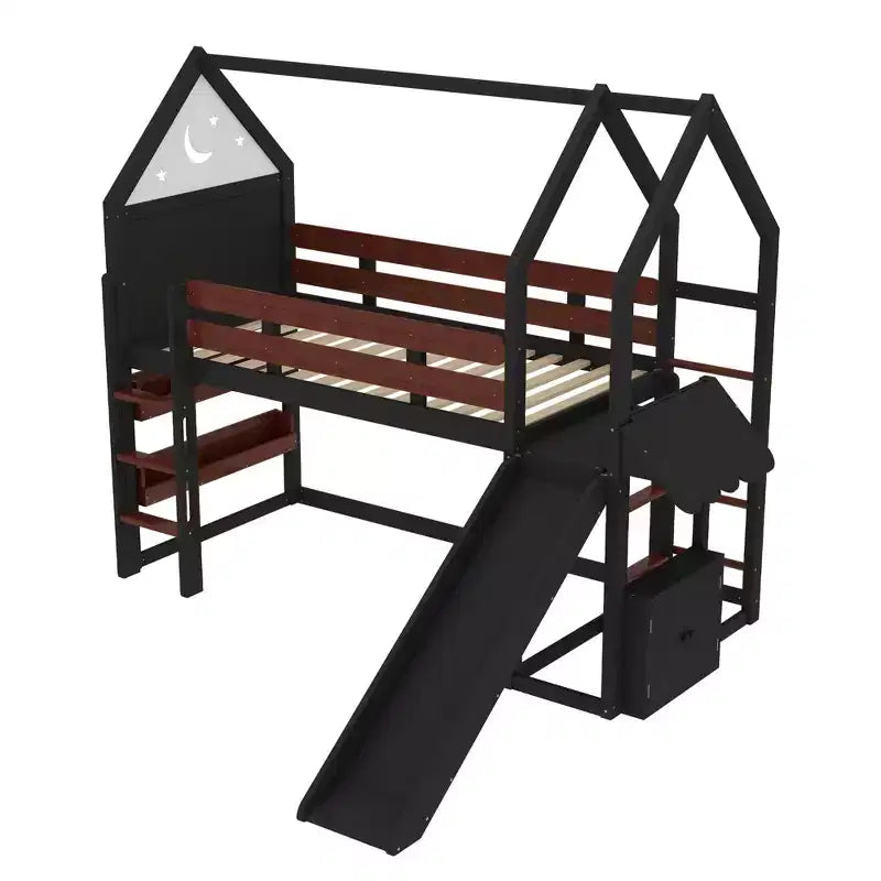 Lit mezzanine cabane avec étagère et toboggan, Cadre de lit mezzanine cabane en bois massif avec barrières de sécurité et design ludique pour enfants