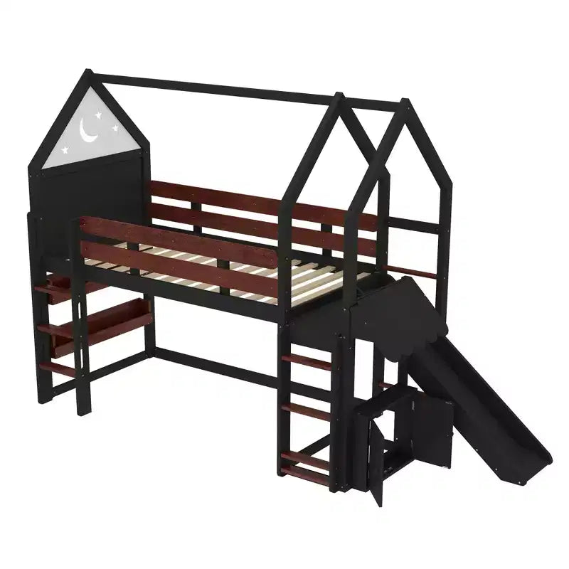 Lit mezzanine cabane avec étagère et toboggan, Cadre de lit mezzanine cabane en bois massif avec barrières de sécurité et design ludique pour enfants