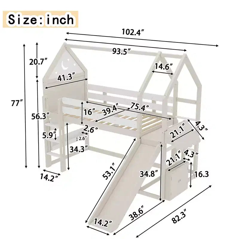 Lit mezzanine cabane avec étagère et toboggan, Cadre de lit mezzanine cabane en bois massif avec barrières de sécurité et design ludique pour enfants
