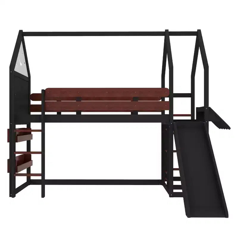 Lit mezzanine cabane avec étagère et toboggan, Cadre de lit mezzanine cabane en bois massif avec barrières de sécurité et design ludique pour enfants