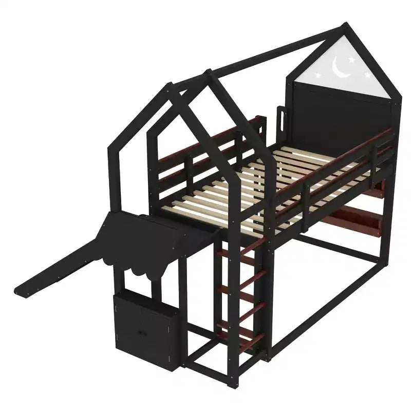 Lit mezzanine cabane avec étagère et toboggan, Cadre de lit mezzanine cabane en bois massif avec barrières de sécurité et design ludique pour enfants