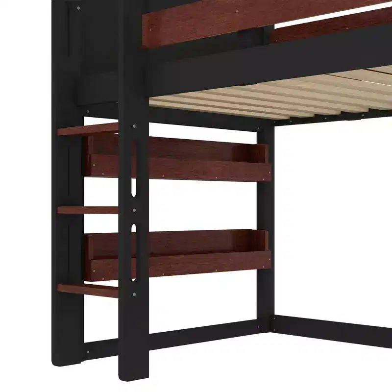 Lit mezzanine cabane avec étagère et toboggan, Cadre de lit mezzanine cabane en bois massif avec barrières de sécurité et design ludique pour enfants
