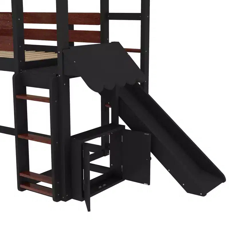 Lit mezzanine cabane avec étagère et toboggan, Cadre de lit mezzanine cabane en bois massif avec barrières de sécurité et design ludique pour enfants