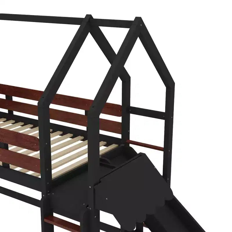 Lit mezzanine cabane avec étagère et toboggan, Cadre de lit mezzanine cabane en bois massif avec barrières de sécurité et design ludique pour enfants