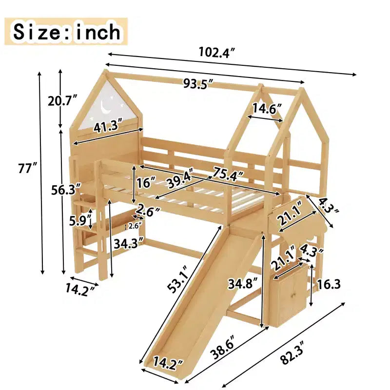 Lit mezzanine cabane avec étagère et toboggan, Cadre de lit mezzanine cabane en bois massif avec barrières de sécurité et design ludique pour enfants