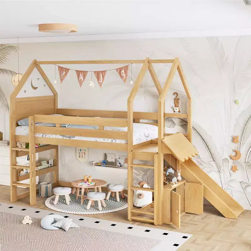 Lit mezzanine cabane avec étagère et toboggan, Cadre de lit mezzanine cabane en bois massif avec barrières de sécurité et design ludique pour enfants
