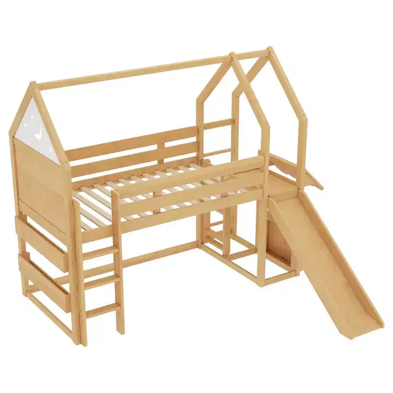 Lit mezzanine cabane avec étagère et toboggan, Cadre de lit mezzanine cabane en bois massif avec barrières de sécurité et design ludique pour enfants