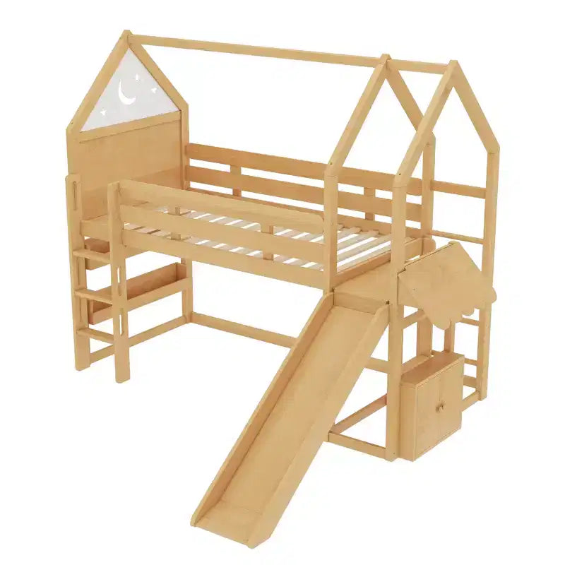 Lit mezzanine cabane avec étagère et toboggan, Cadre de lit mezzanine cabane en bois massif avec barrières de sécurité et design ludique pour enfants