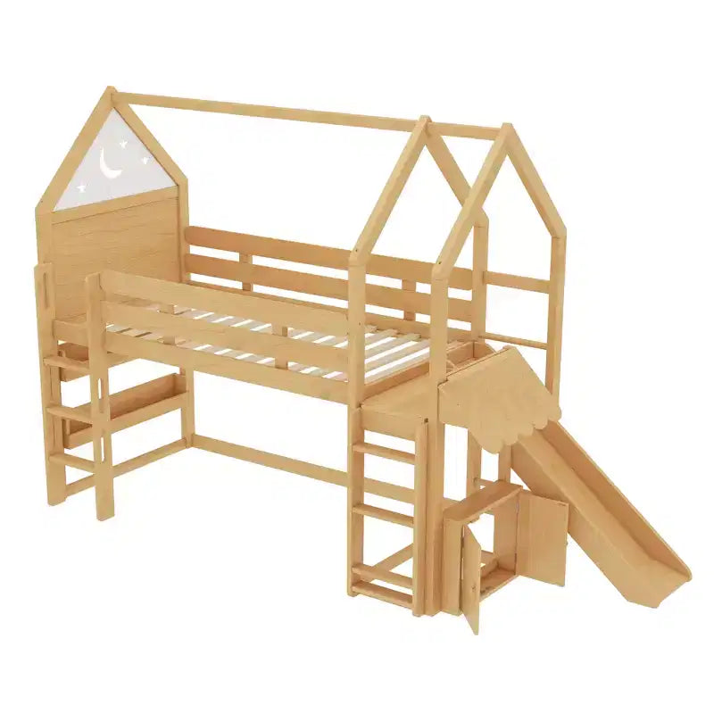 Lit mezzanine cabane avec étagère et toboggan, Cadre de lit mezzanine cabane en bois massif avec barrières de sécurité et design ludique pour enfants