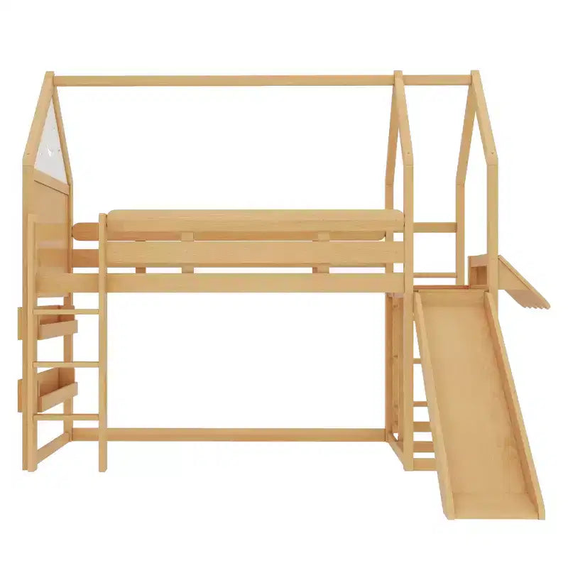 Lit mezzanine cabane avec étagère et toboggan, Cadre de lit mezzanine cabane en bois massif avec barrières de sécurité et design ludique pour enfants