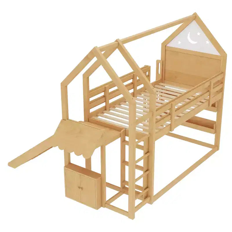 Lit mezzanine cabane avec étagère et toboggan, Cadre de lit mezzanine cabane en bois massif avec barrières de sécurité et design ludique pour enfants