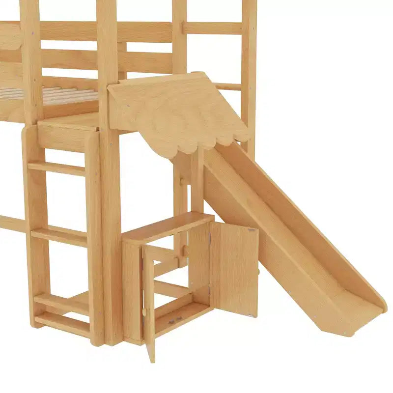 Lit mezzanine cabane avec étagère et toboggan, Cadre de lit mezzanine cabane en bois massif avec barrières de sécurité et design ludique pour enfants