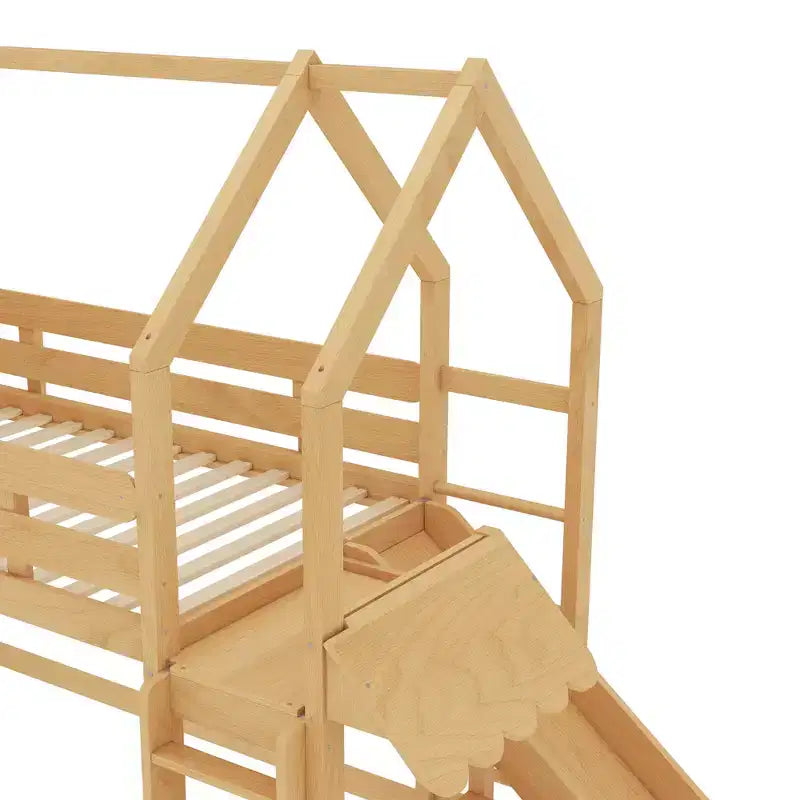 Lit mezzanine cabane avec étagère et toboggan, Cadre de lit mezzanine cabane en bois massif avec barrières de sécurité et design ludique pour enfants