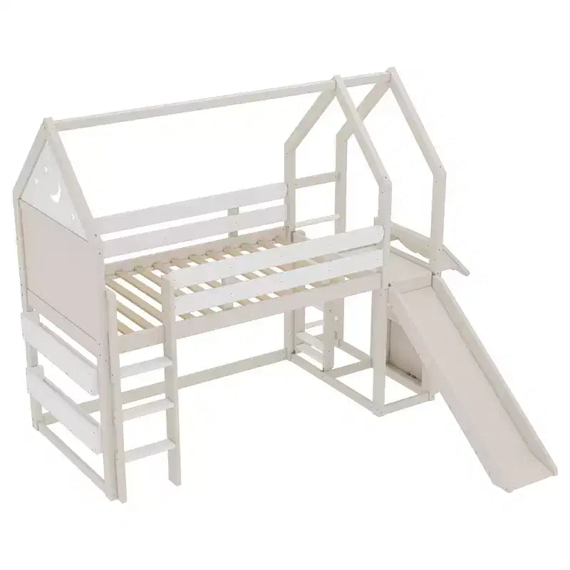 Lit mezzanine cabane avec étagère et toboggan, Cadre de lit mezzanine cabane en bois massif avec barrières de sécurité et design ludique pour enfants