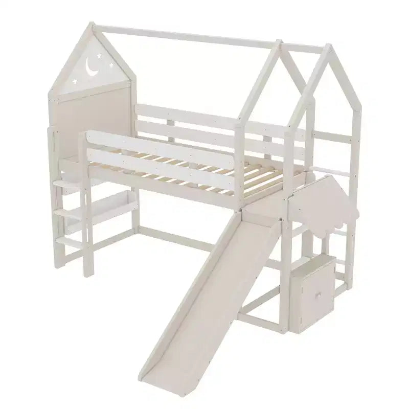 Lit mezzanine cabane avec étagère et toboggan, Cadre de lit mezzanine cabane en bois massif avec barrières de sécurité et design ludique pour enfants