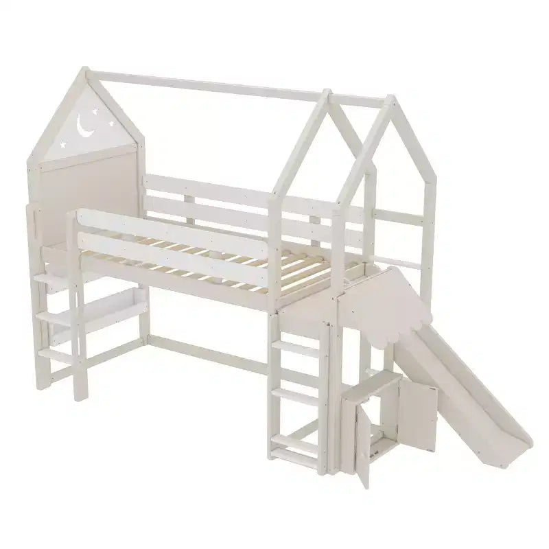 Lit mezzanine cabane avec étagère et toboggan, Cadre de lit mezzanine cabane en bois massif avec barrières de sécurité et design ludique pour enfants