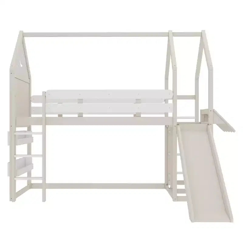 Lit mezzanine cabane avec étagère et toboggan, Cadre de lit mezzanine cabane en bois massif avec barrières de sécurité et design ludique pour enfants
