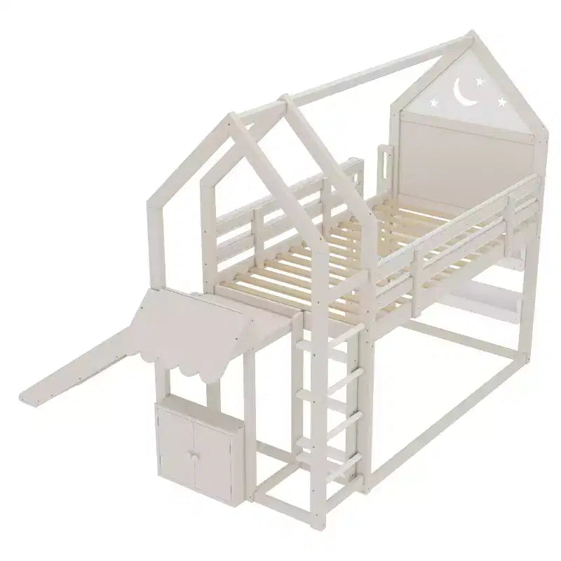 Lit mezzanine cabane avec étagère et toboggan, Cadre de lit mezzanine cabane en bois massif avec barrières de sécurité et design ludique pour enfants