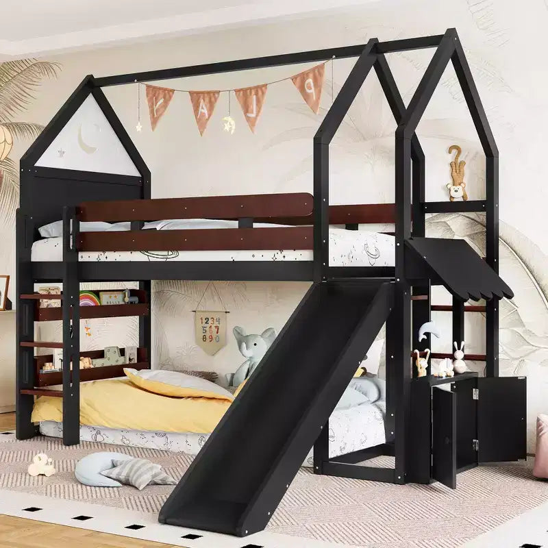 Lit mezzanine cabane avec étagère et toboggan, Cadre de lit mezzanine cabane en bois massif avec barrières de sécurité et design ludique pour enfants