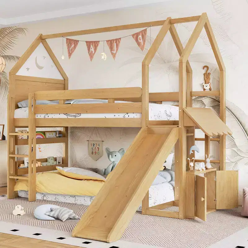 Lit mezzanine cabane avec étagère et toboggan, Cadre de lit mezzanine cabane en bois massif avec barrières de sécurité et design ludique pour enfants