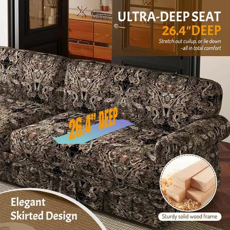 Canapé nuage 4 places luxueusement confortable, en tissu chenille avec accoudoirs roulés et jupe plissée à motif floral noir