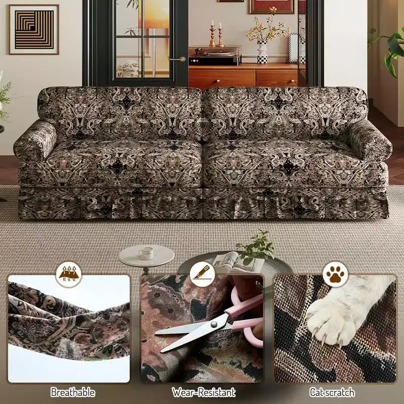 Canapé nuage 4 places luxueusement confortable, en tissu chenille avec accoudoirs roulés et jupe plissée à motif floral noir