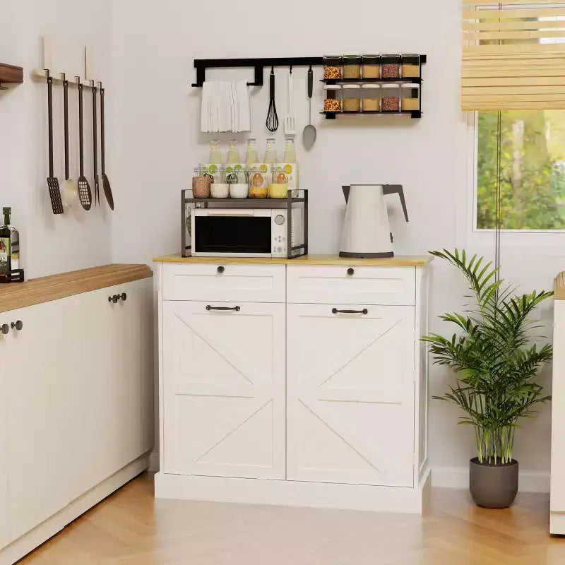 Tilt Out Trash Can Cabinet, Hidden Trash Can Cabinet for Kitchen Pull Out Trash Cabinet with Storage, Trash Bin Cabinet with 2 Drawers White