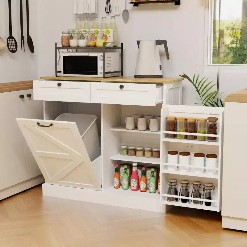 Tilt Out Trash Can Cabinet, Hidden Trash Can Cabinet for Kitchen Pull Out Trash Cabinet with Storage, Trash Bin Cabinet with 2 Drawers White