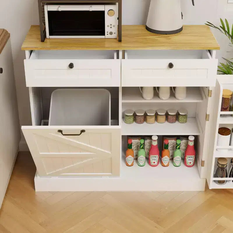 Tilt Out Trash Can Cabinet, Hidden Trash Can Cabinet for Kitchen Pull Out Trash Cabinet with Storage, Trash Bin Cabinet with 2 Drawers White